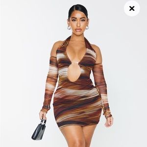 PLT Shape Brown Layered Print Mesh Plunge Bardot Bodycon Dress - New w/ tags